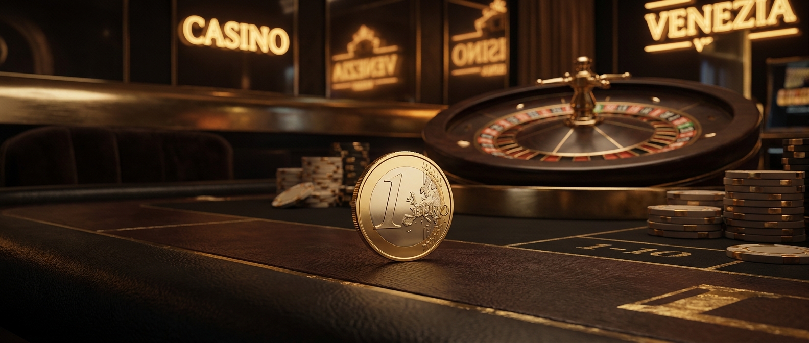 Casinò non AAMS con deposito minimo 1 euro — moneta d'oro su tavolo da gioco con chip e carte